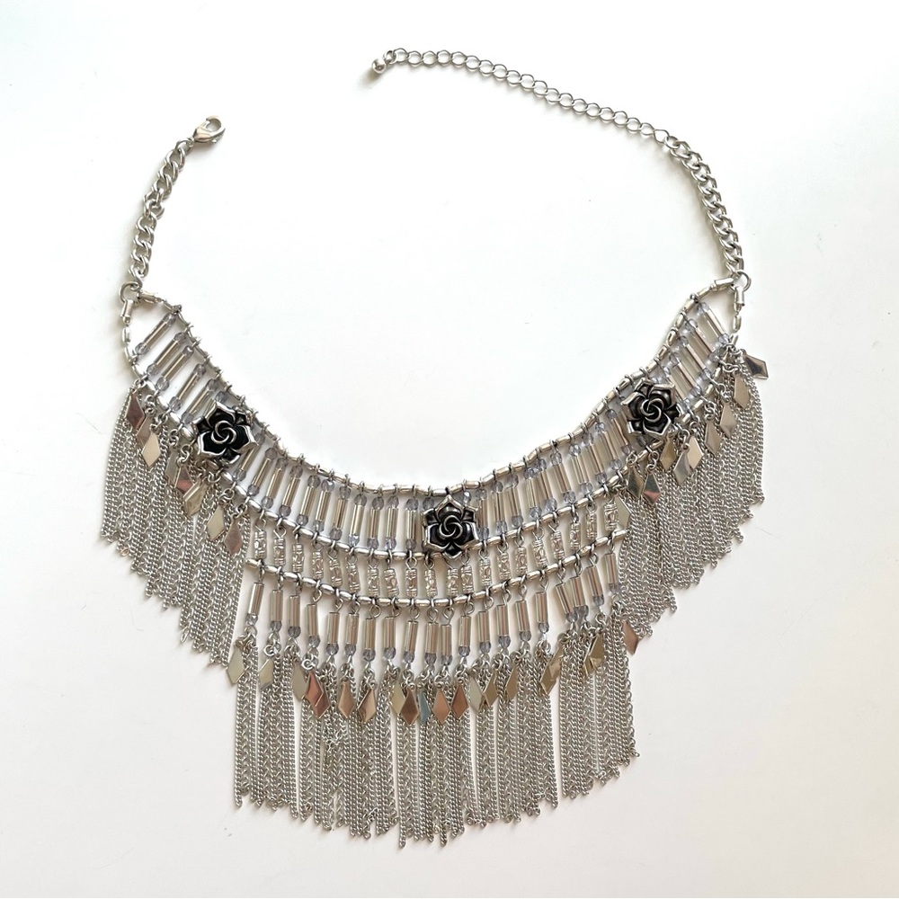 Free People Silver Romance Fringe Flower Collar Chocker Necklace